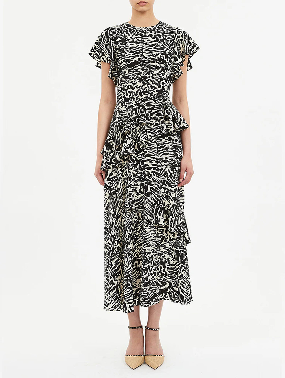 Amaia Cascading Ruffle Midi Dress in Spotted Jasper