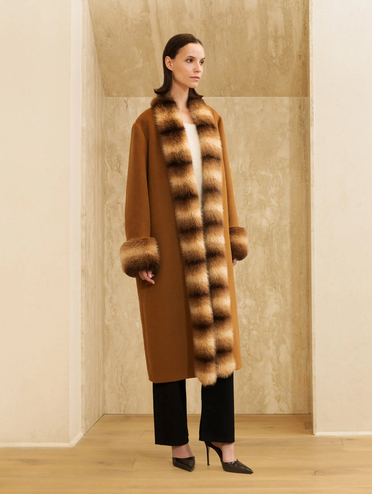 Anouk Yve Faux Fur Wool Coat in Camel