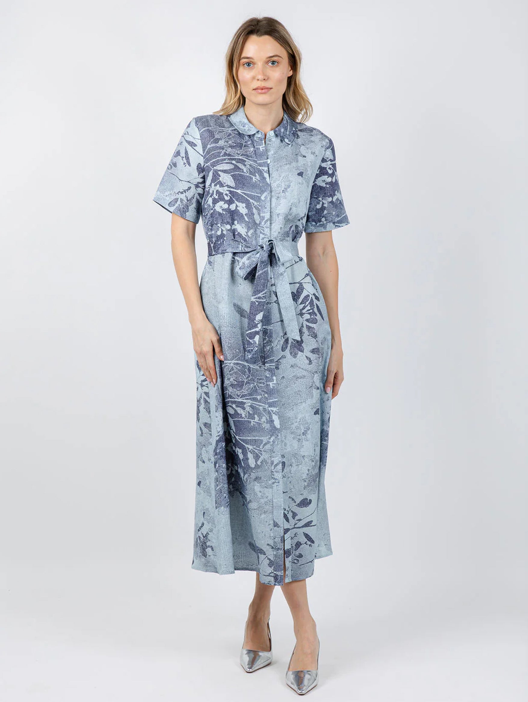 Audria Belted Midi Dress in Sky Floral