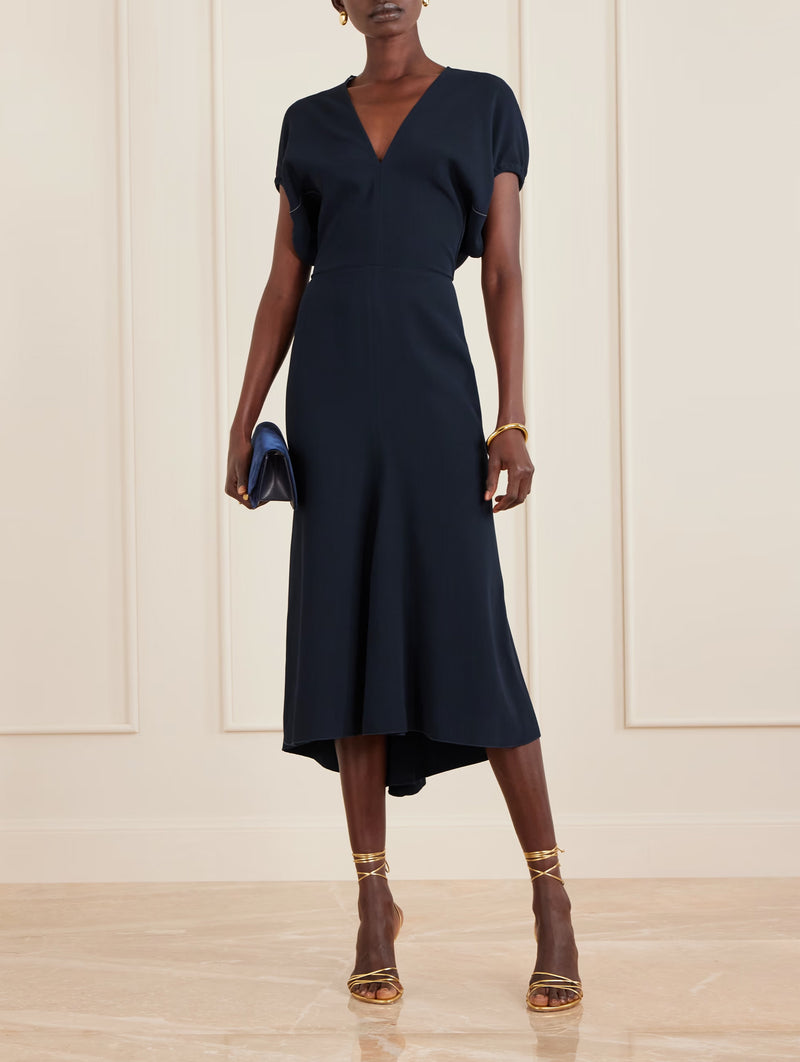 Blouson Detail Midi Dress in Navy