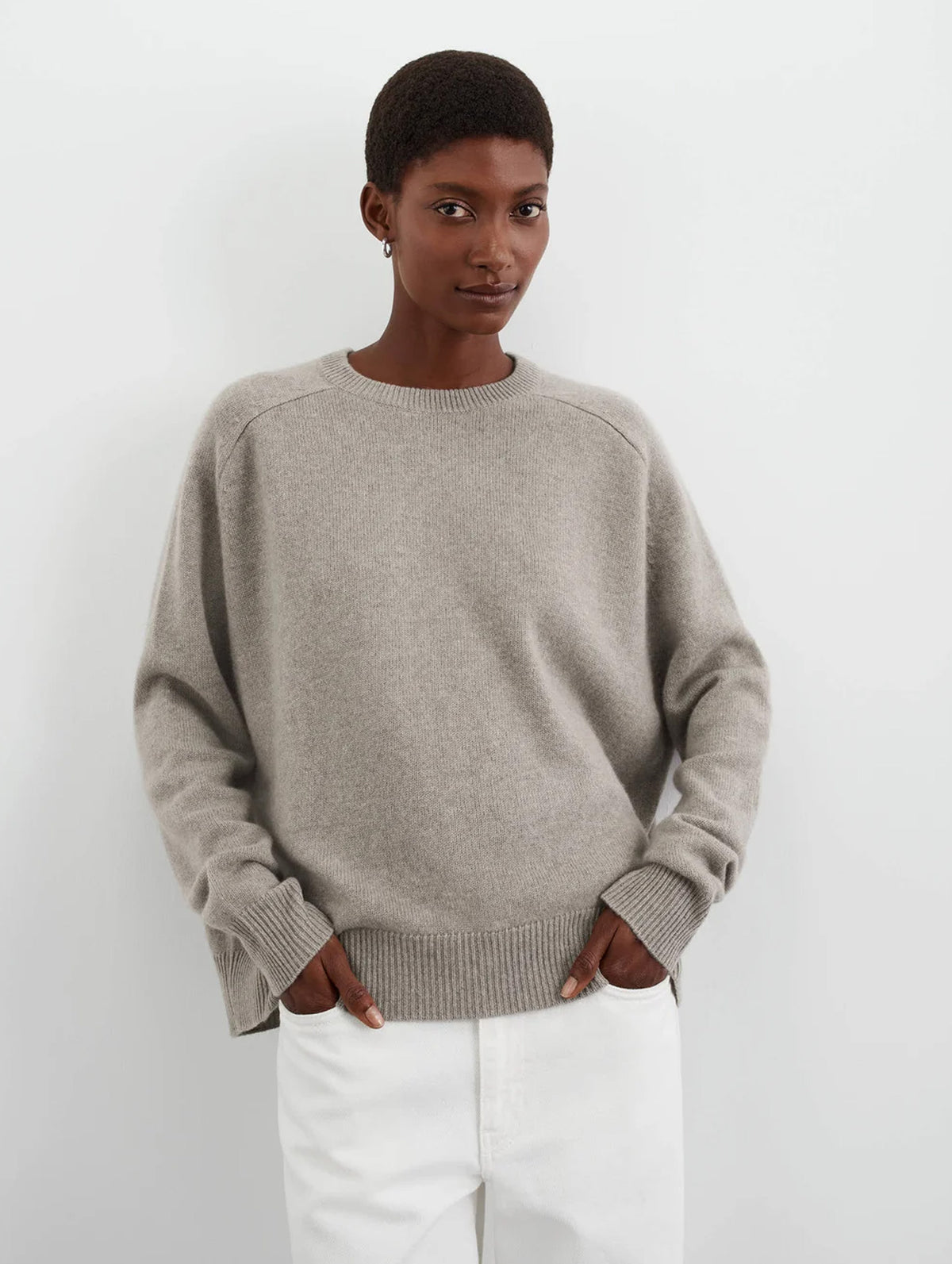 Boyfriend Cashmere Crewneck Sweater in Greige