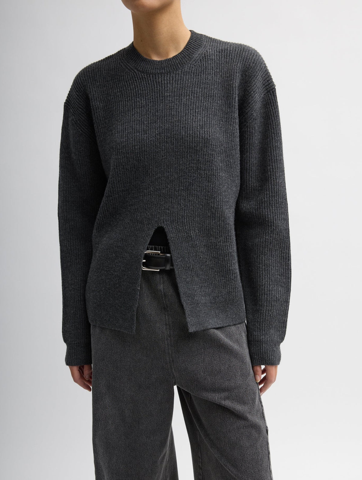 Cardigan Stitch Spilt Front Crewneck Easy Pullover in Heather Grey