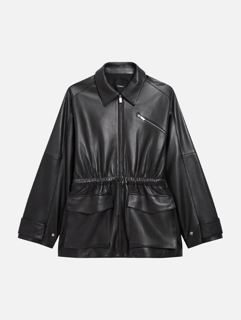 Cinch Zip Leather Jacket in Black