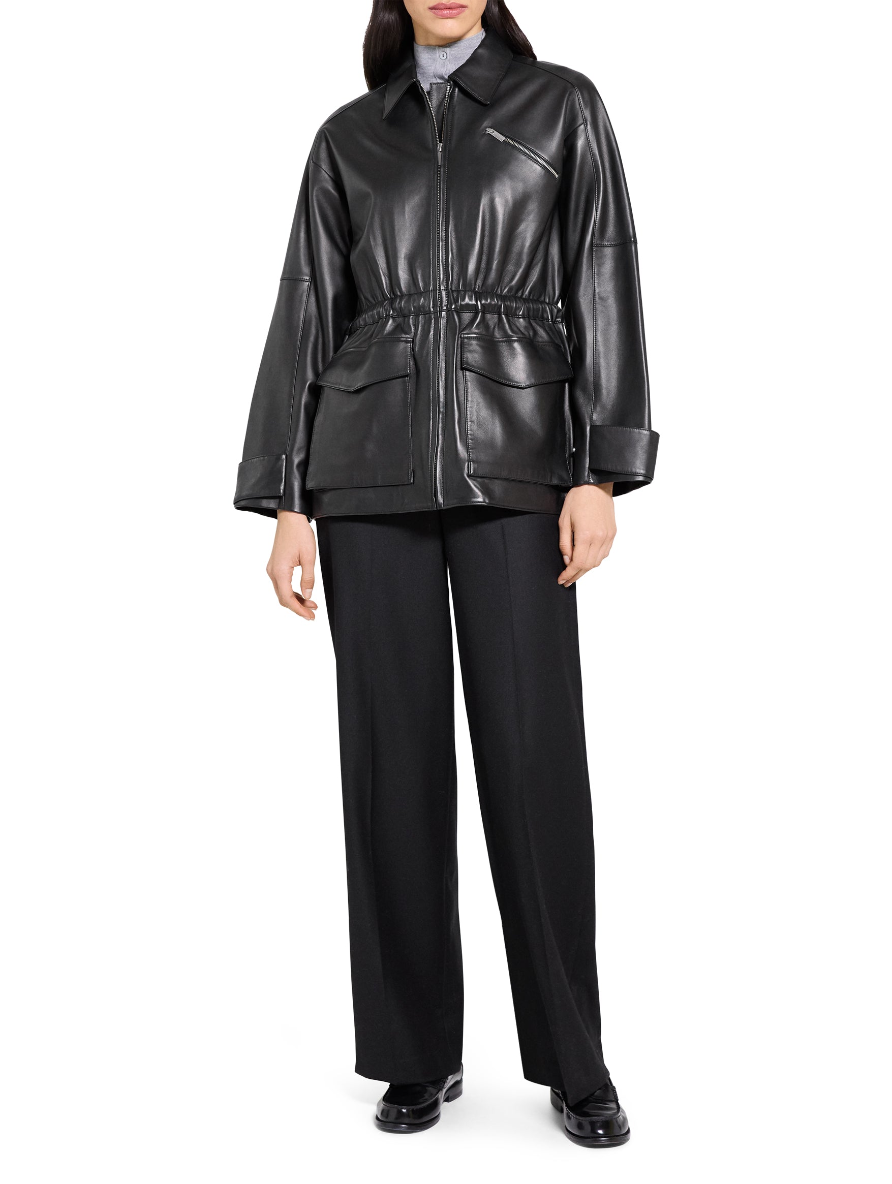 Cinch Zip Leather Jacket in Black