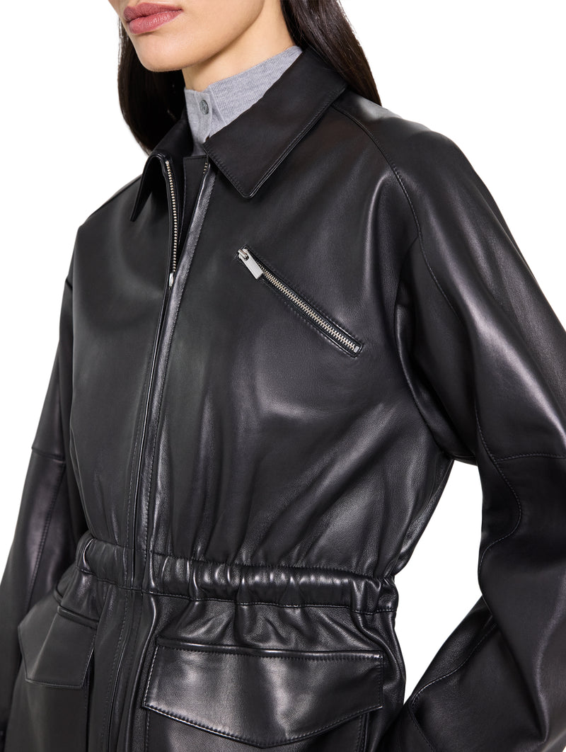 Cinch Zip Leather Jacket in Black