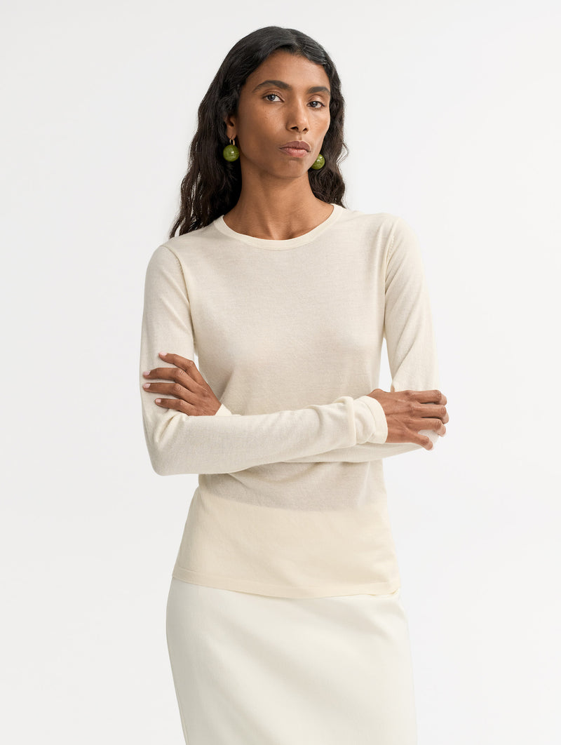 Featherlight Cashmere Silk Crewneck in Feather White