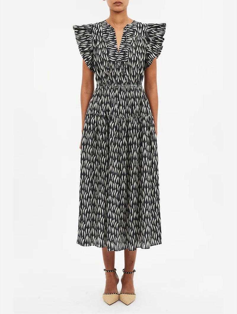 Kairi Flutter Sleeve Midi Dress in Graphite