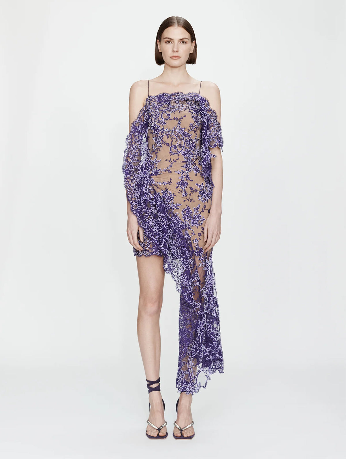 Iris Floating Lace Suspend Mini Dress in Dark Viola