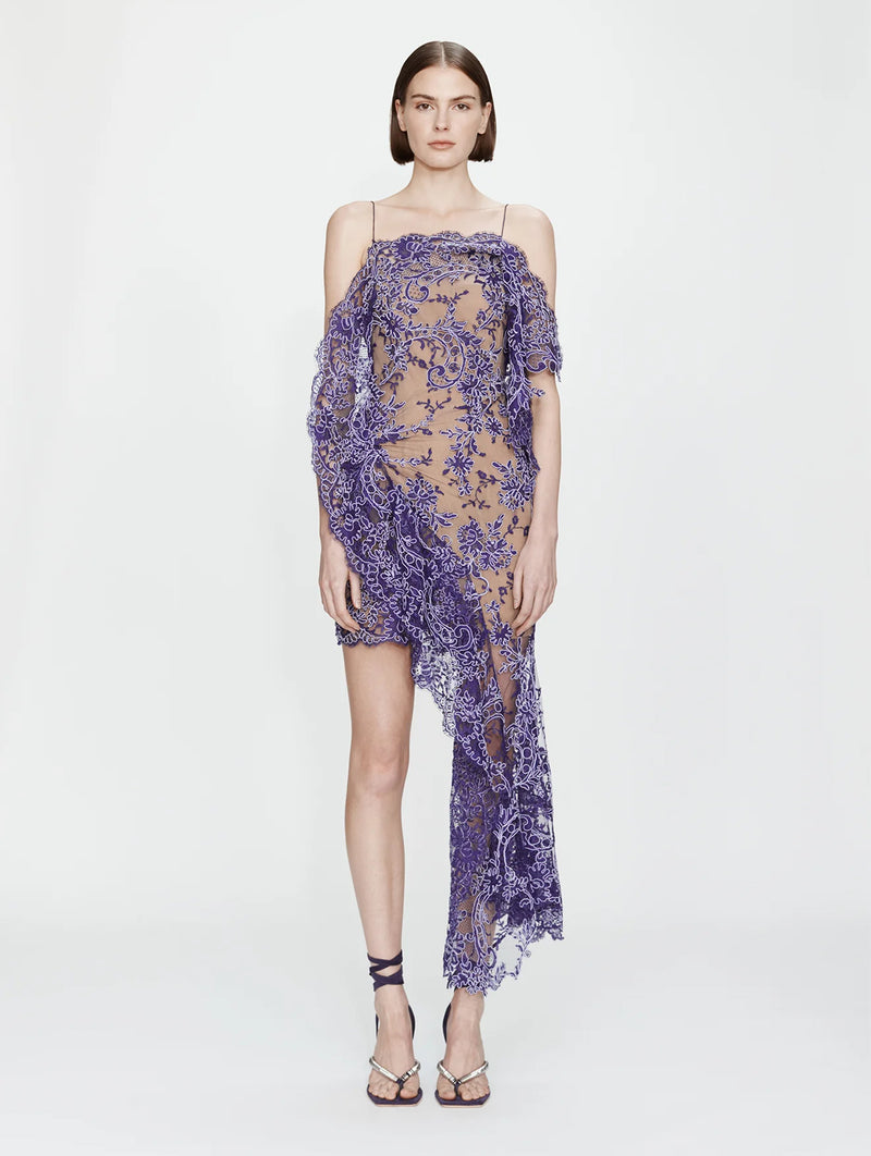 Iris Floating Lace Suspend Mini Dress in Dark Viola