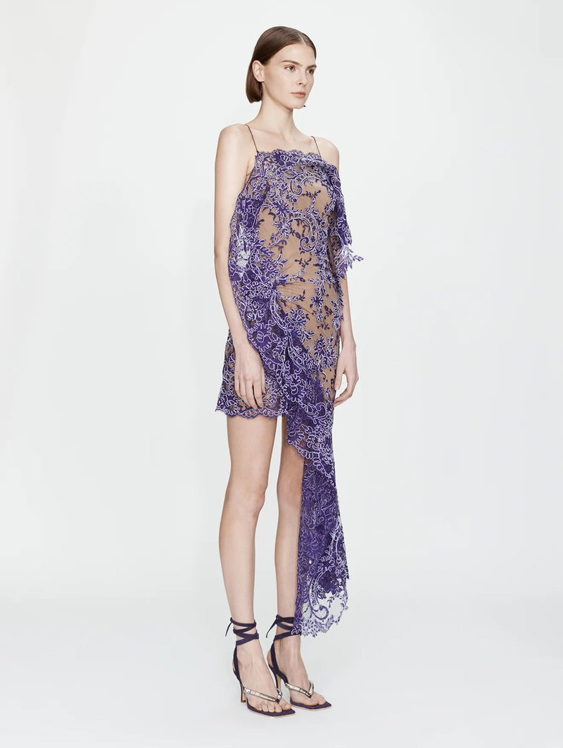 Iris Floating Lace Suspend Mini Dress in Dark Viola