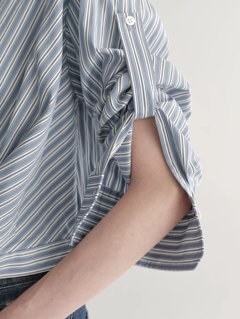 Leo Cotton Top in White and Steel Blue