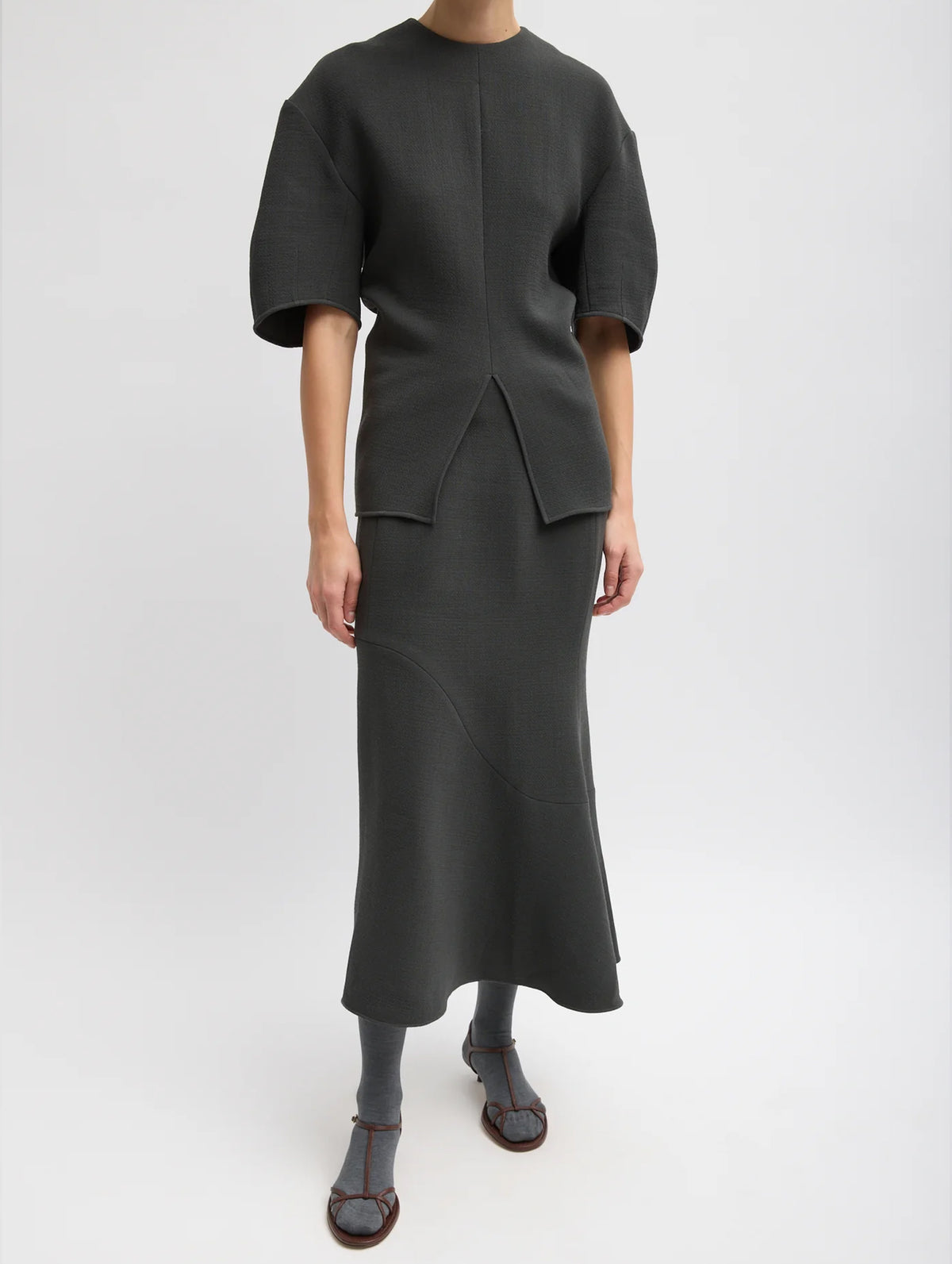 Wool Crepe Marte Fluid Skirt in Dark Grey