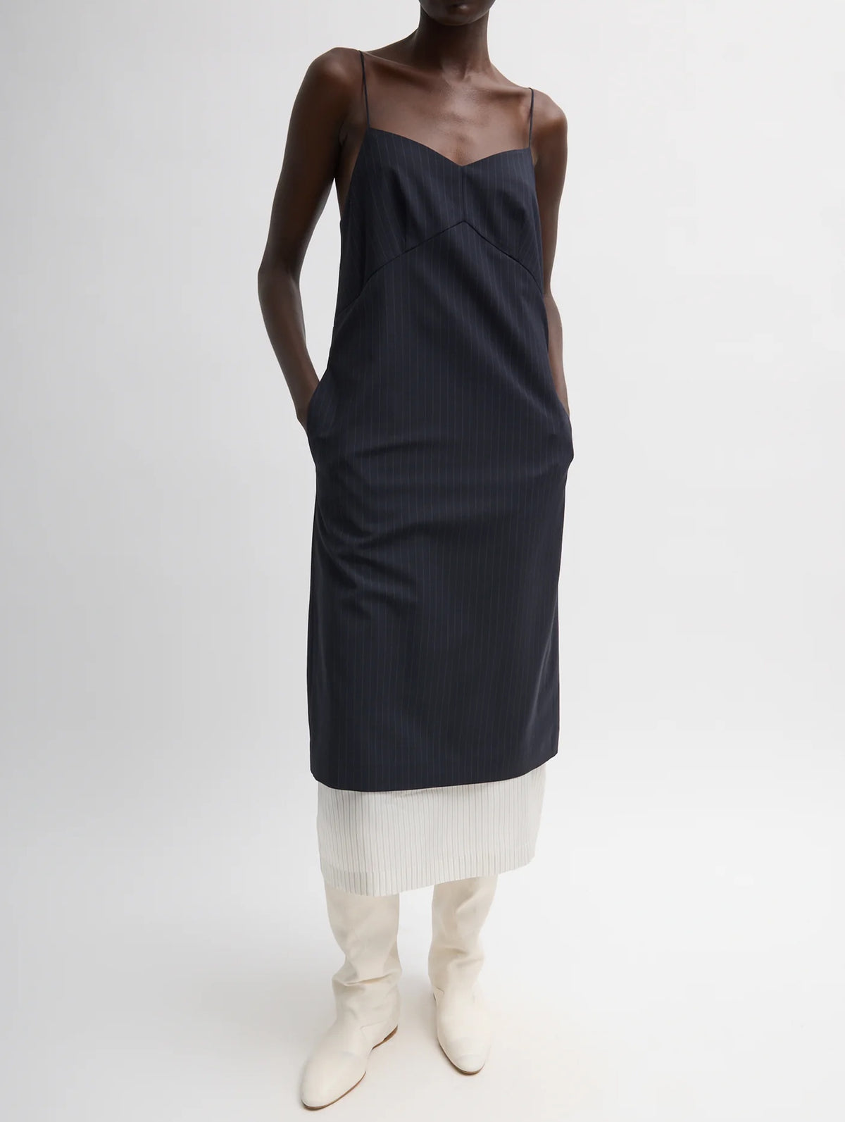 Mier Pinstripe Convertible Slip Dress in Navy