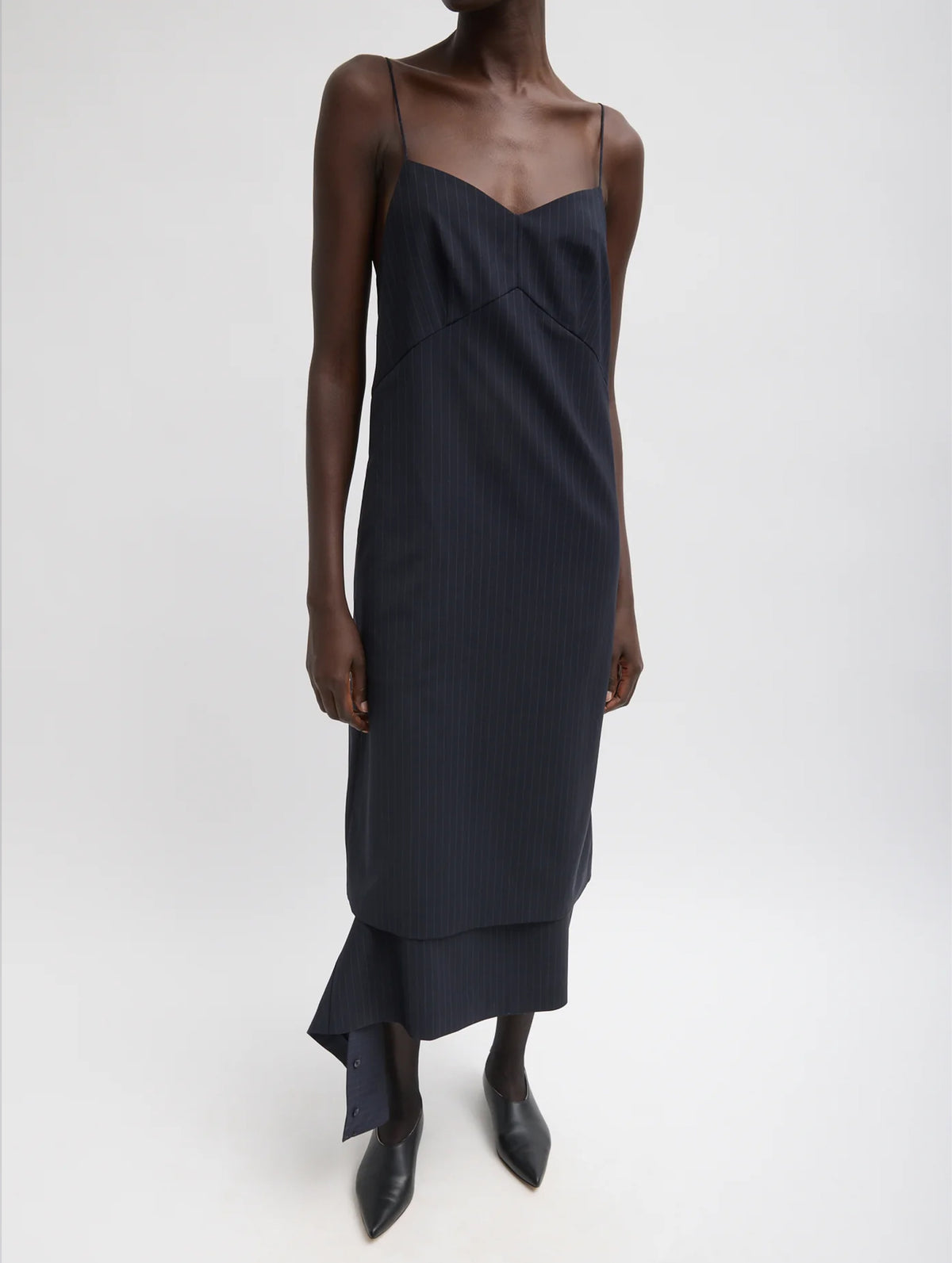 Mier Pinstripe Convertible Slip Dress in Navy