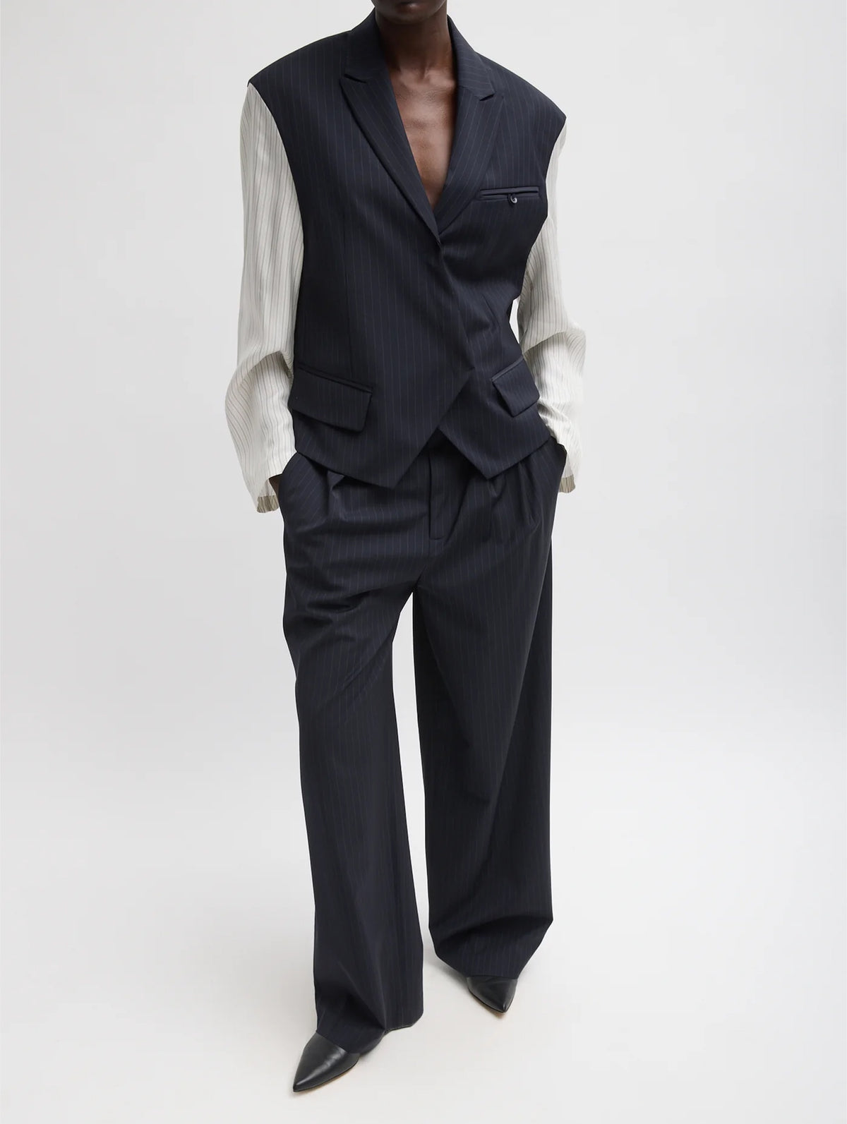 Mier Pinstripe Blazer with Combo Sleeves in Navy