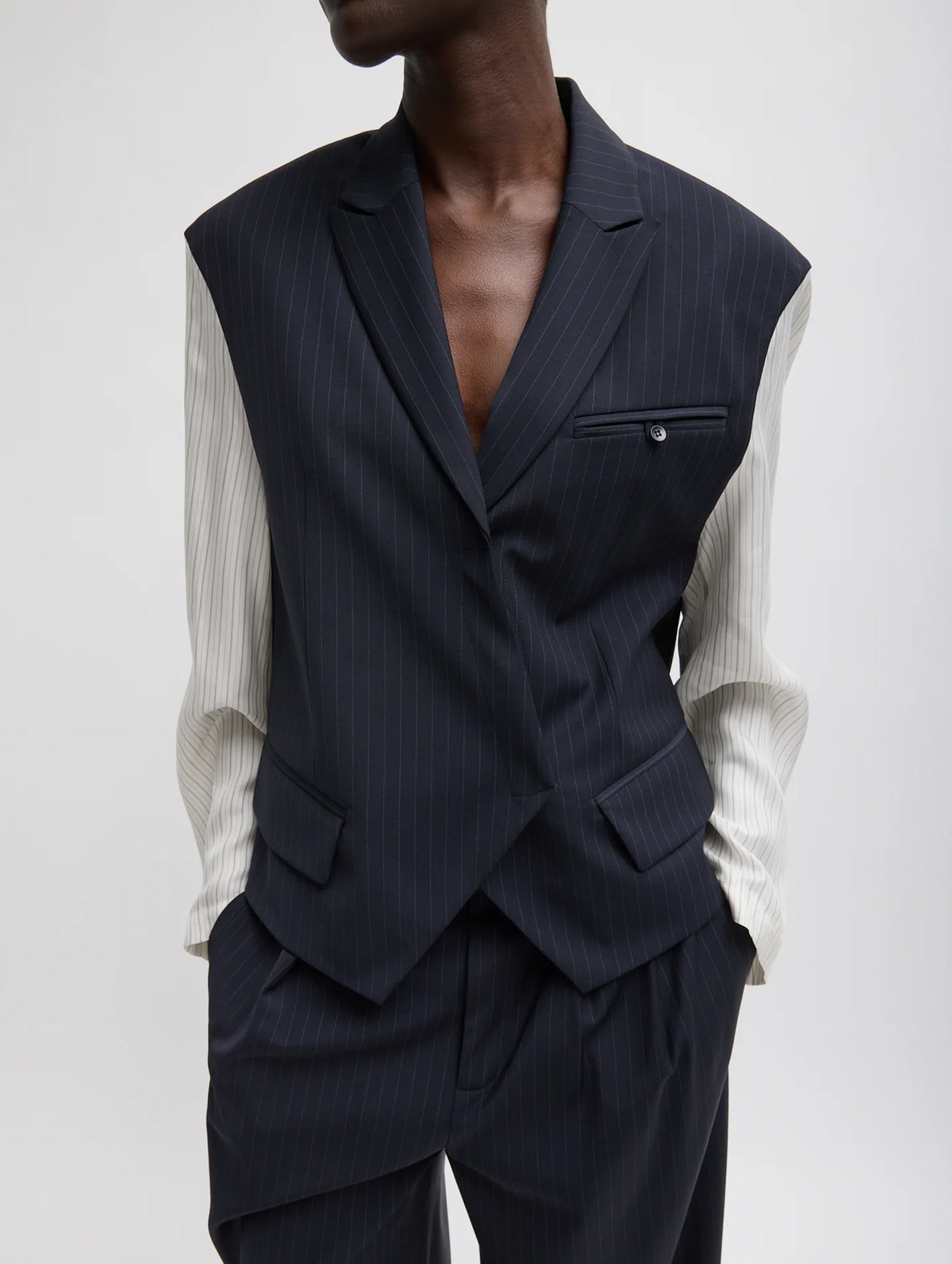 Mier Pinstripe Blazer with Combo Sleeves in Navy