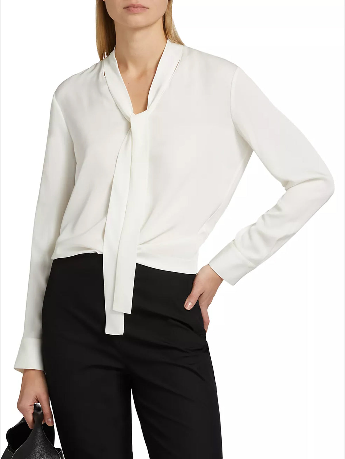 Open Tie Neck Silk  Blouse in Ivory