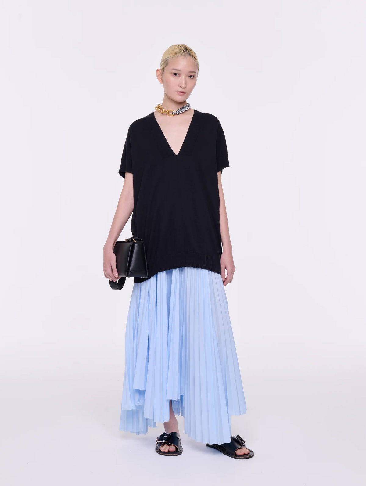 Long Pleated Skirt in Light Blue