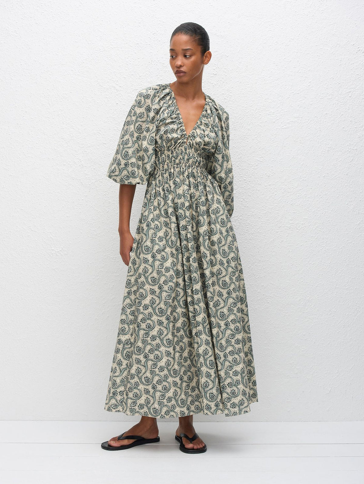 Shirred Plunge Button Dress in Vine