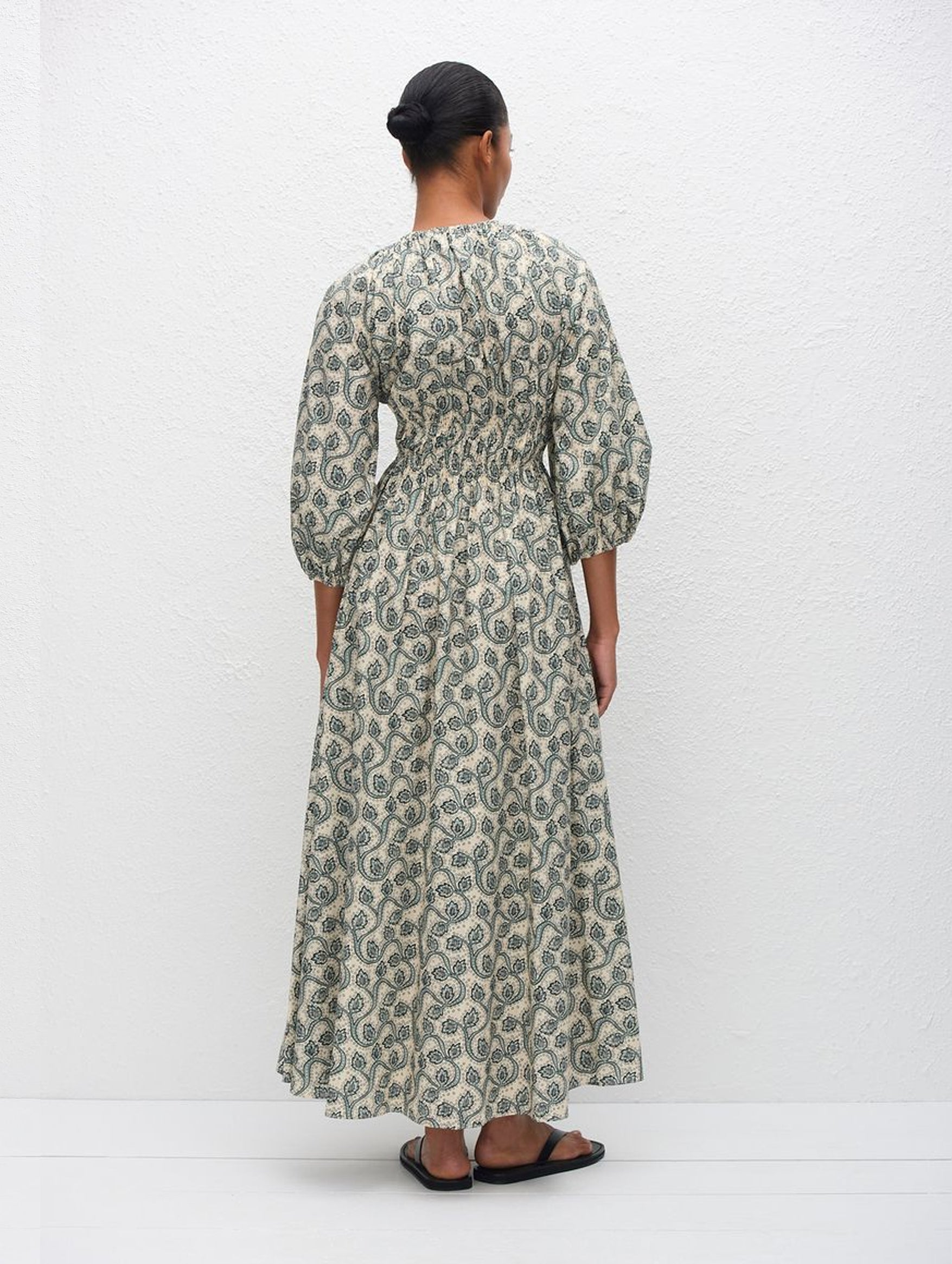 Shirred Plunge Button Dress in Vine