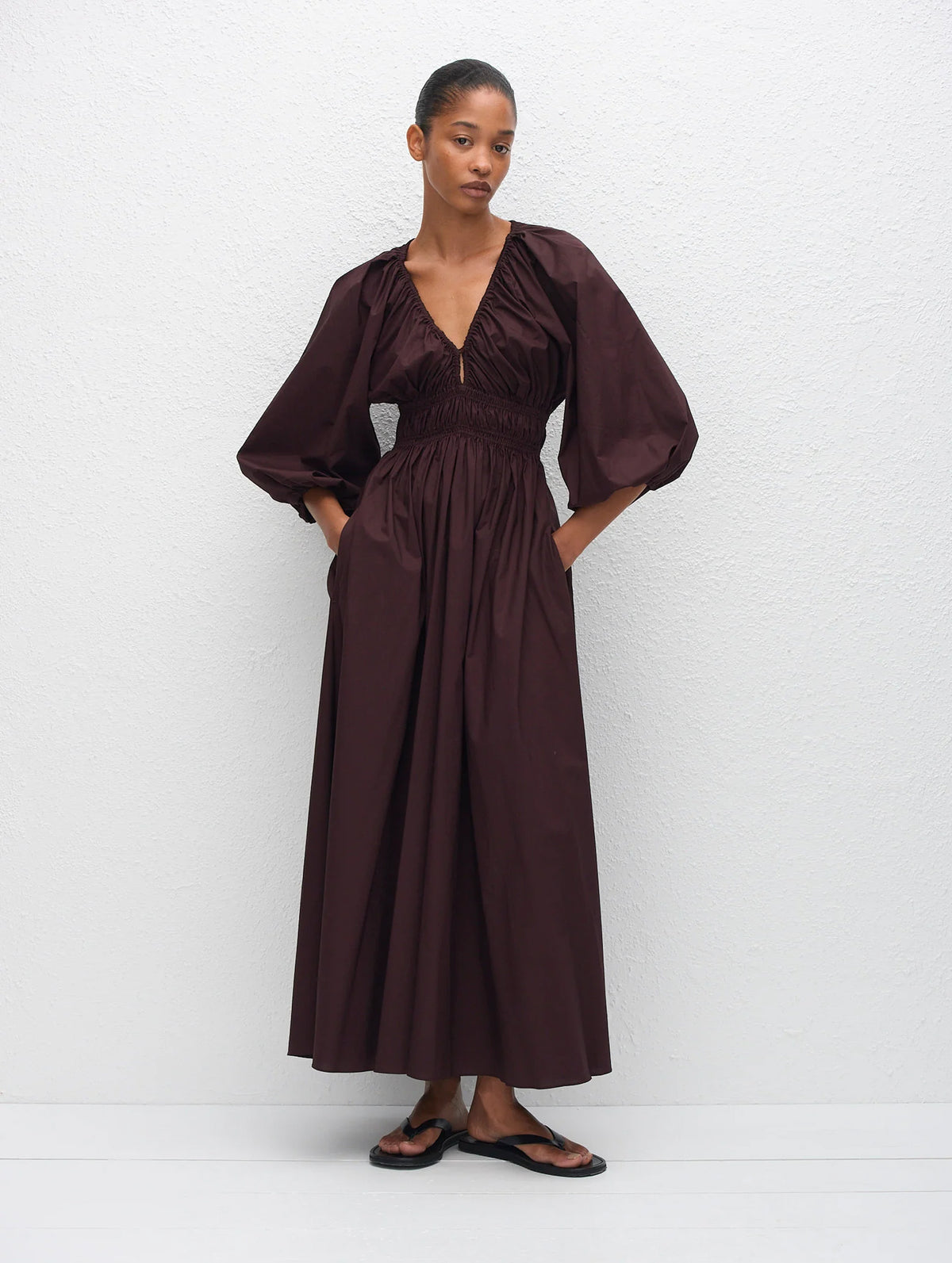 Shirred Plunge Button Dress in Aubergine