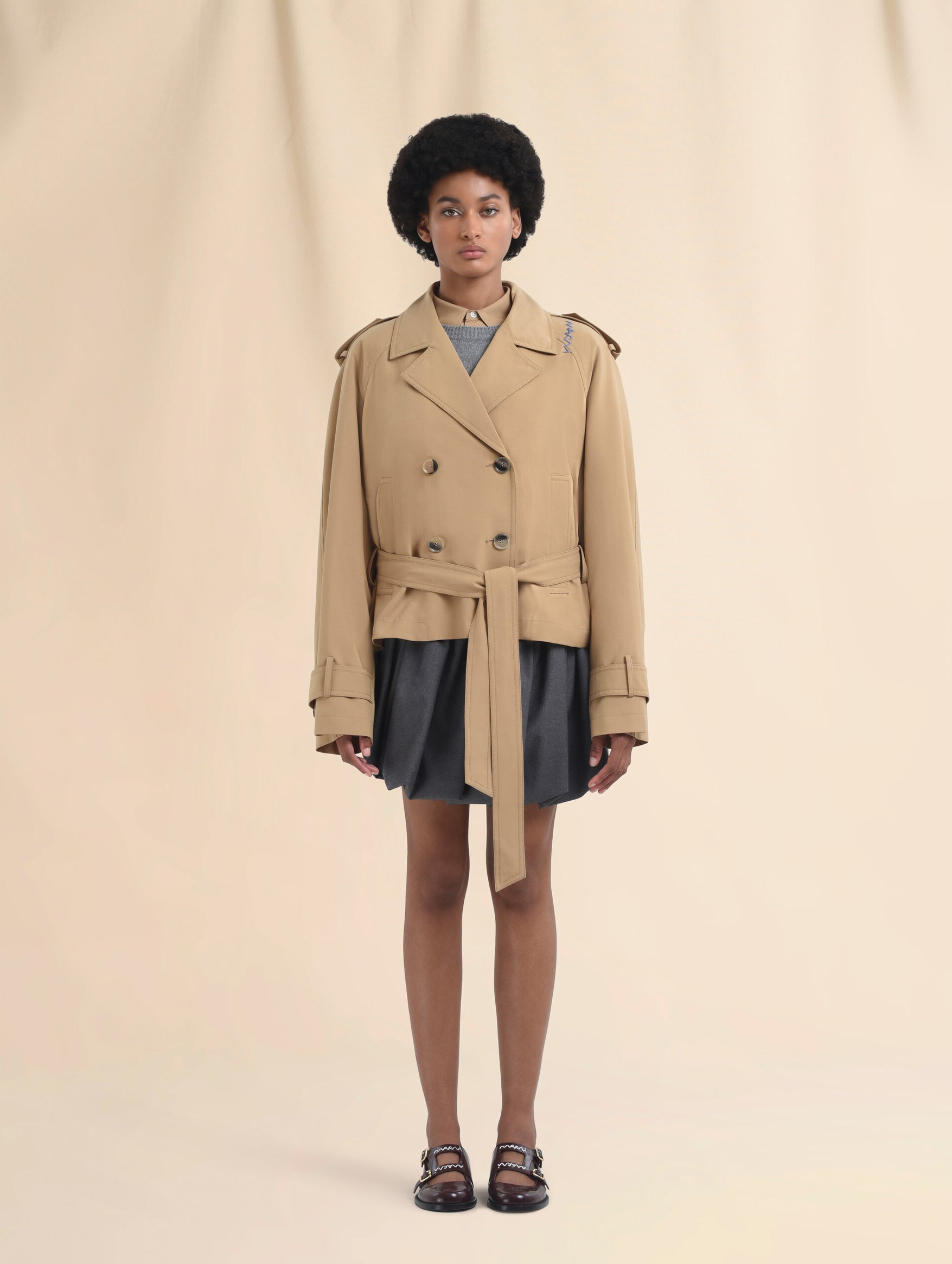 Short Wool Blend Trench in Winter Wheat