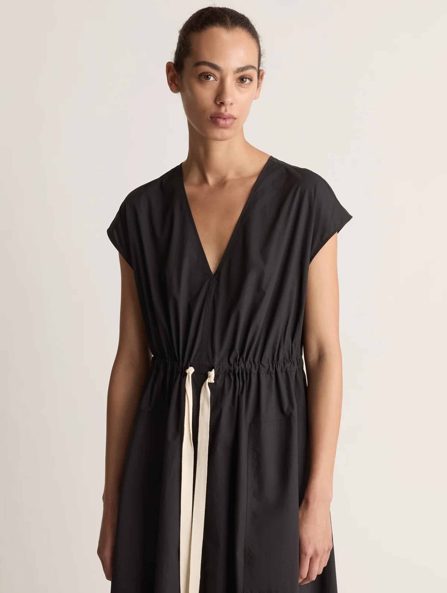 LM Poplin V Neck Dress in Black