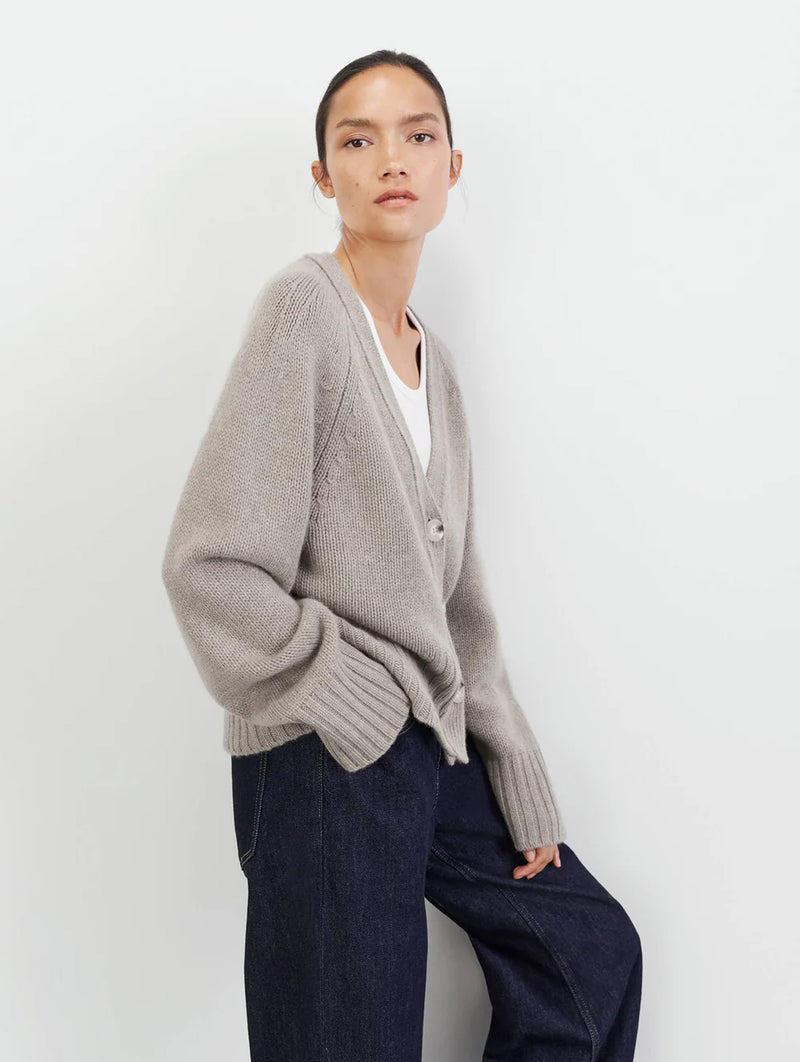 V Neck Cashmere Cardigan in Greige