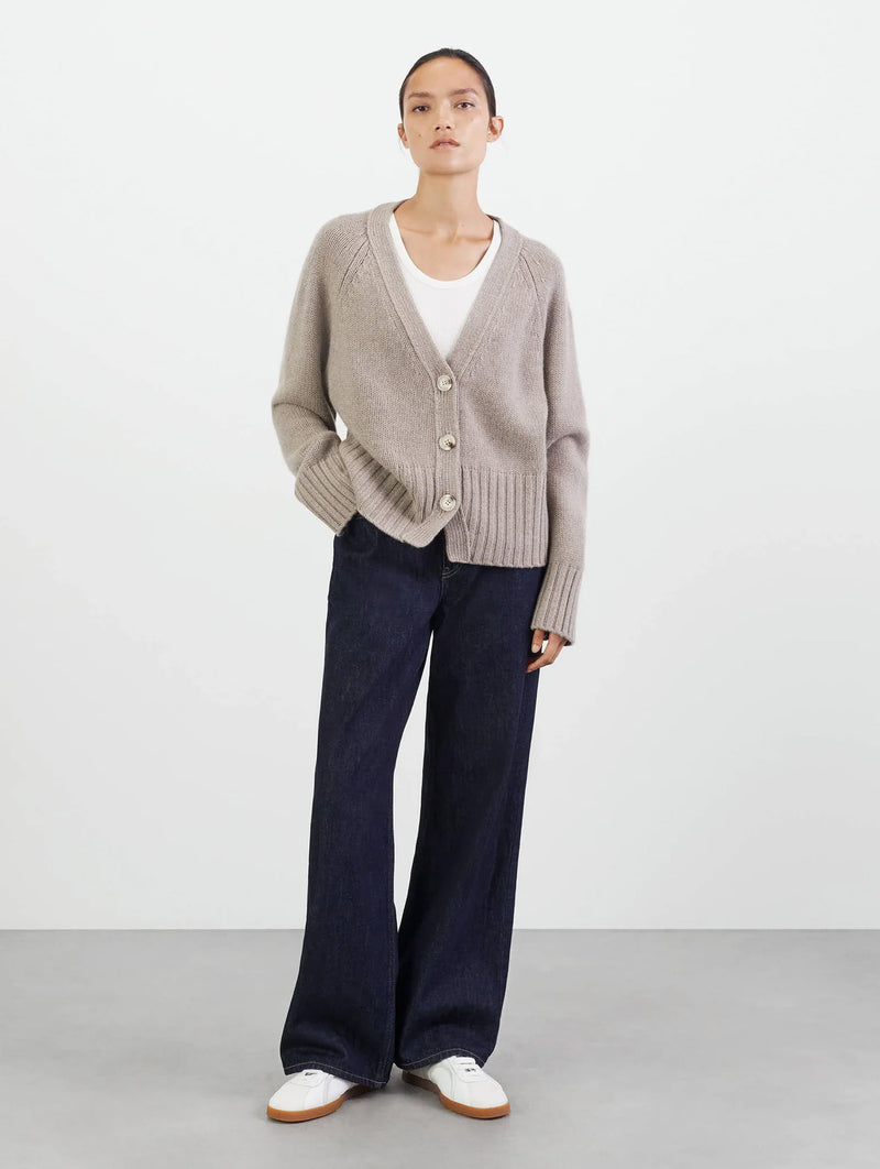 V Neck Cashmere Cardigan in Greige