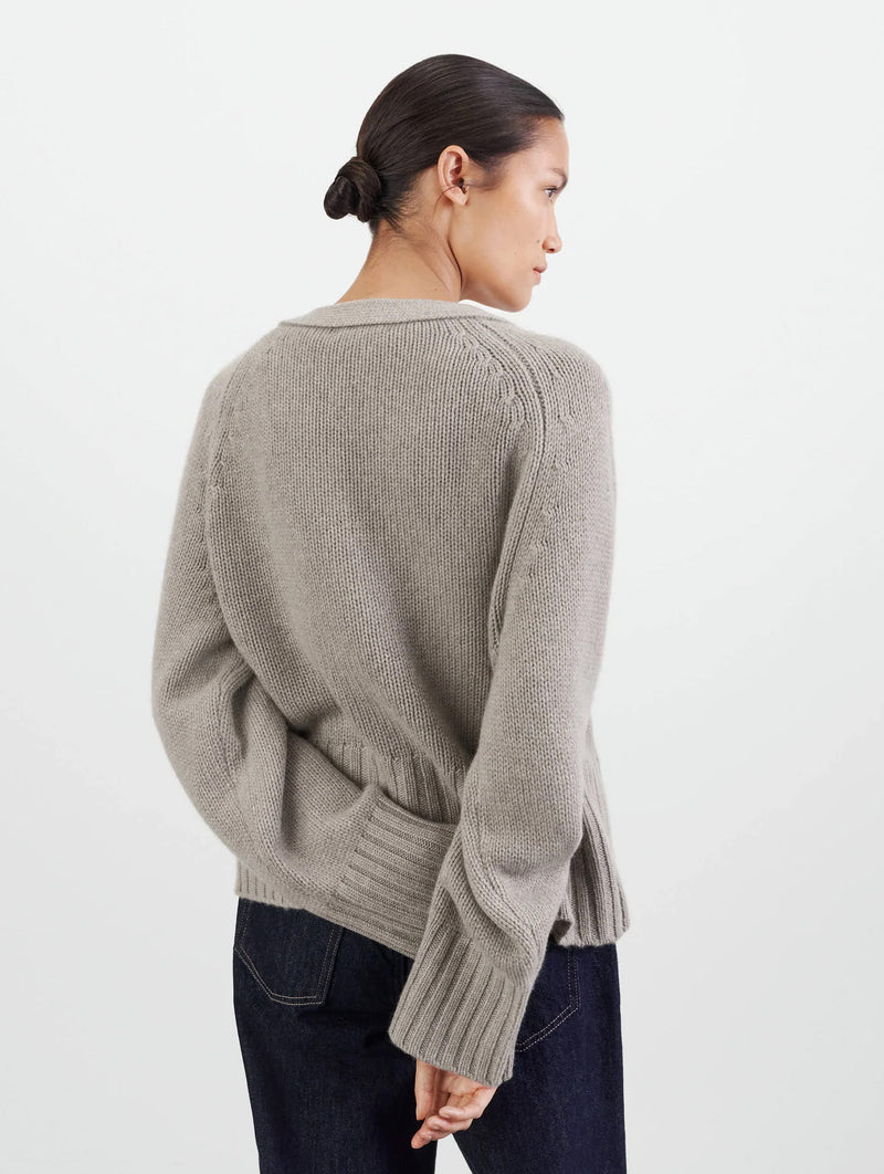 V Neck Cashmere Cardigan in Greige