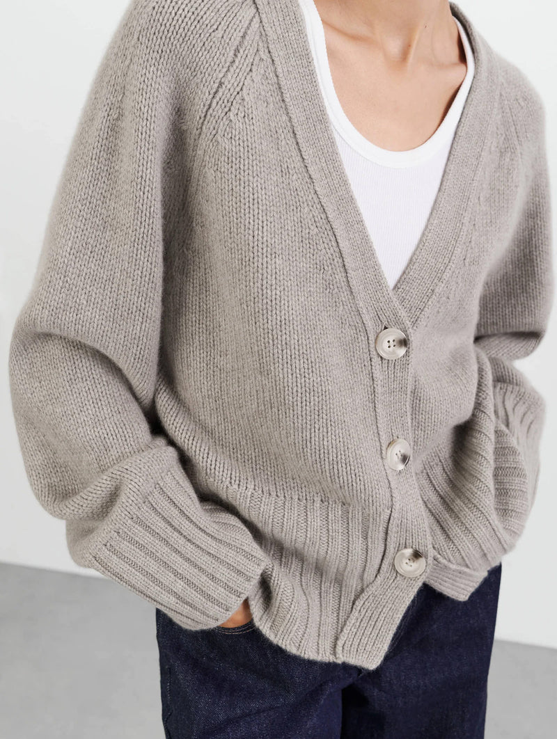 V Neck Cashmere Cardigan in Greige