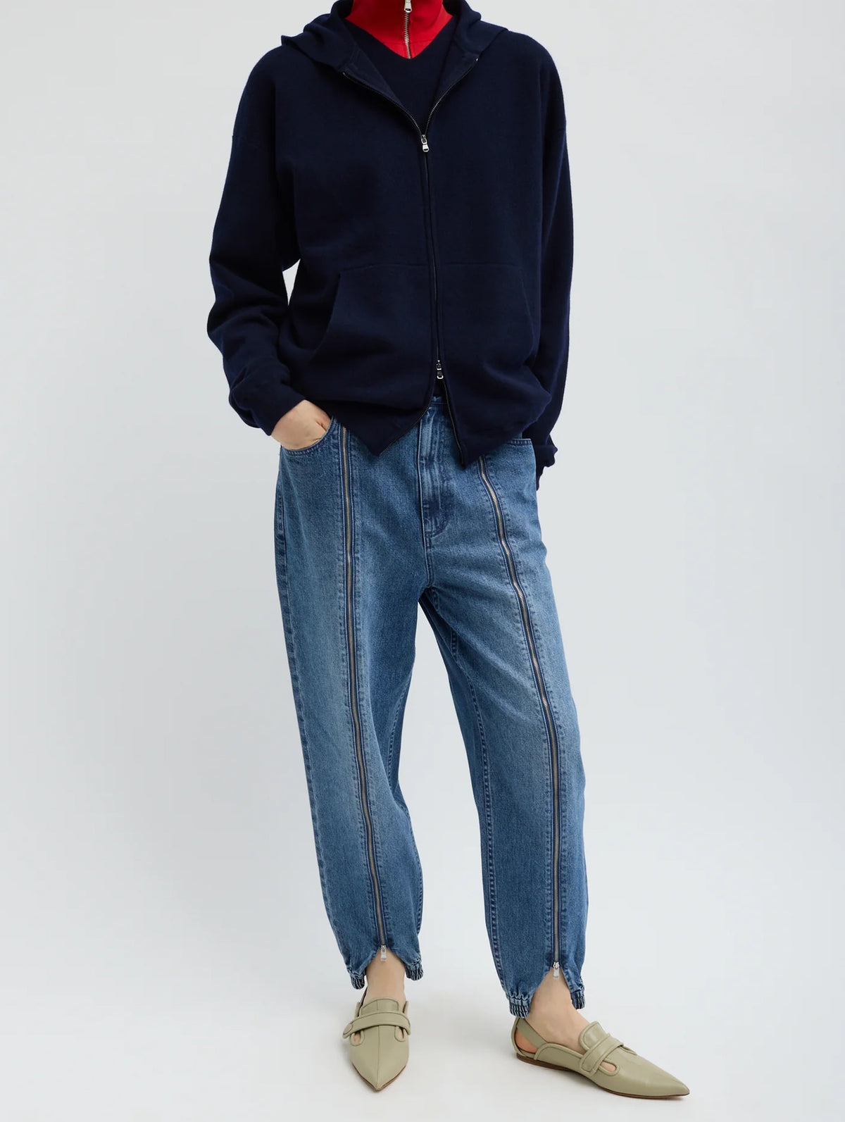 Zippered Denim Short Jogger in Classic Blue