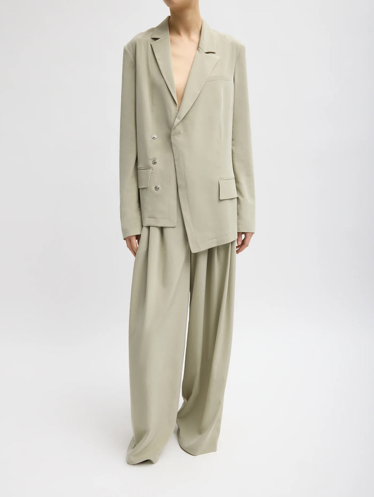 Relaxed Suiting Asymmetrical Wrap Blazer in Moss Grey
