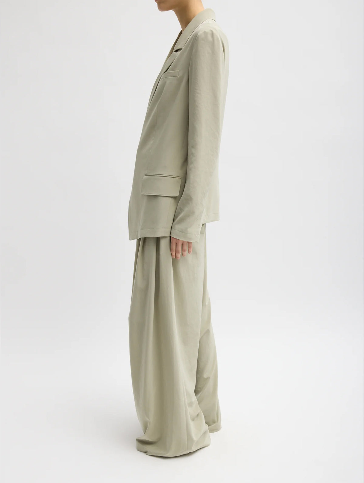 Relaxed Suiting Asymmetrical Wrap Blazer in Moss Grey