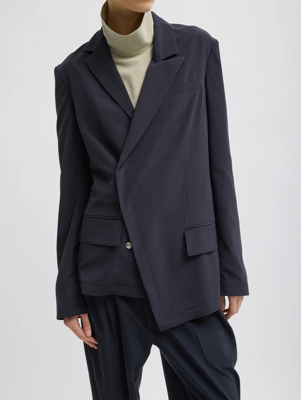 Relaxed Suiting Asymmetrical Wrap Blazer in Navy