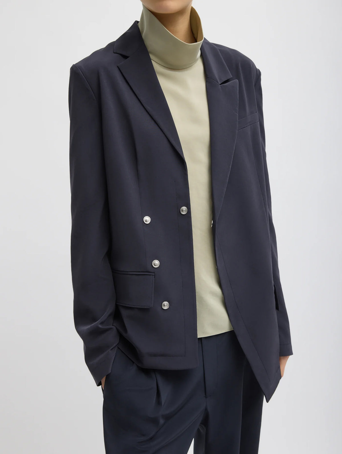 Relaxed Suiting Asymmetrical Wrap Blazer in Navy