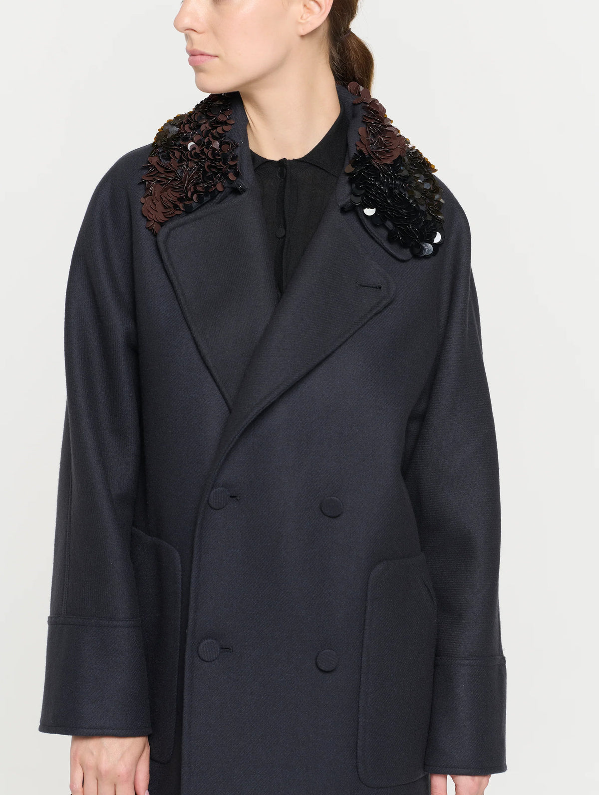 Double Breasted Wool Coat in Blue Black