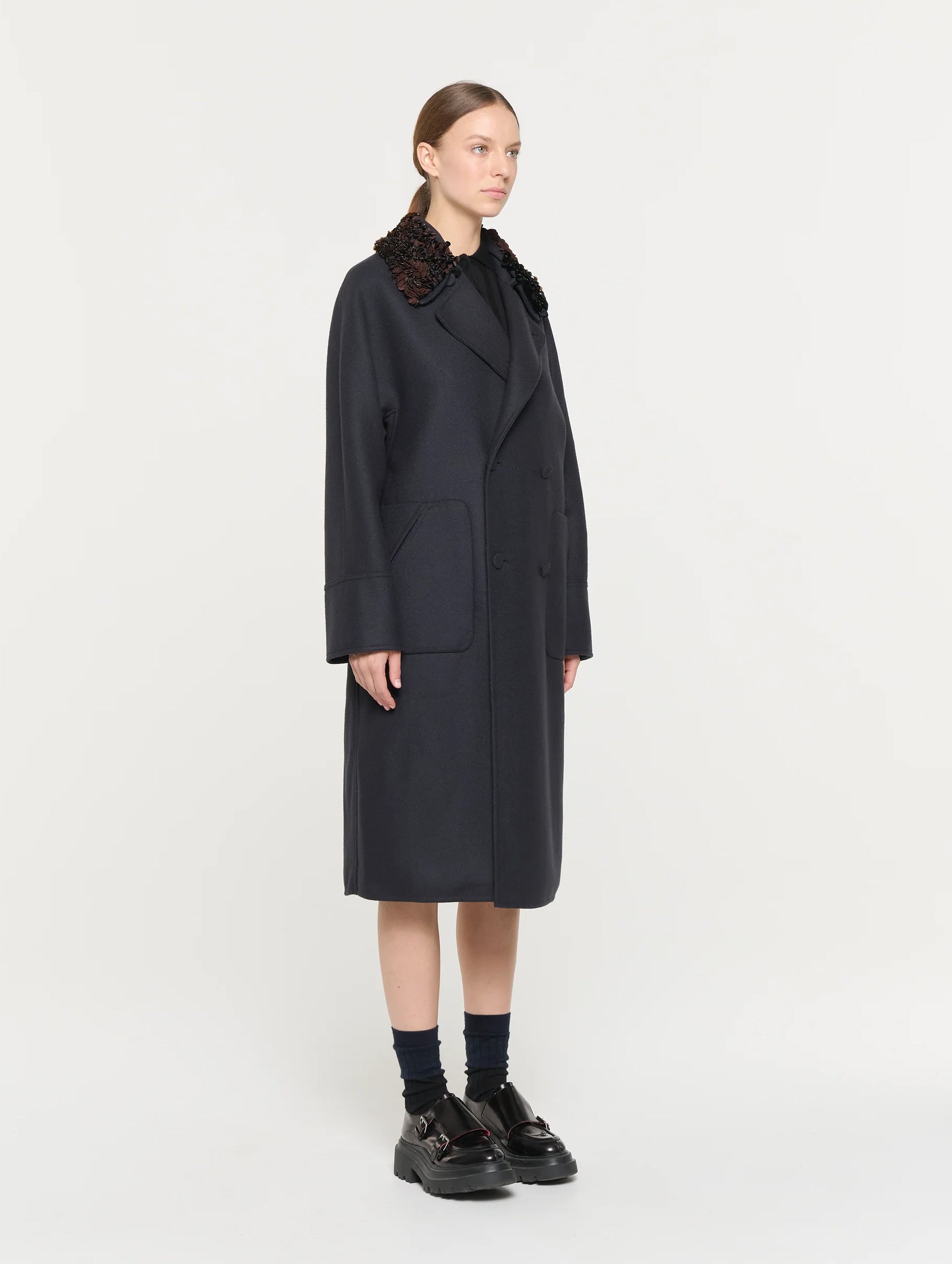 Double Breasted Wool Coat in Blue Black