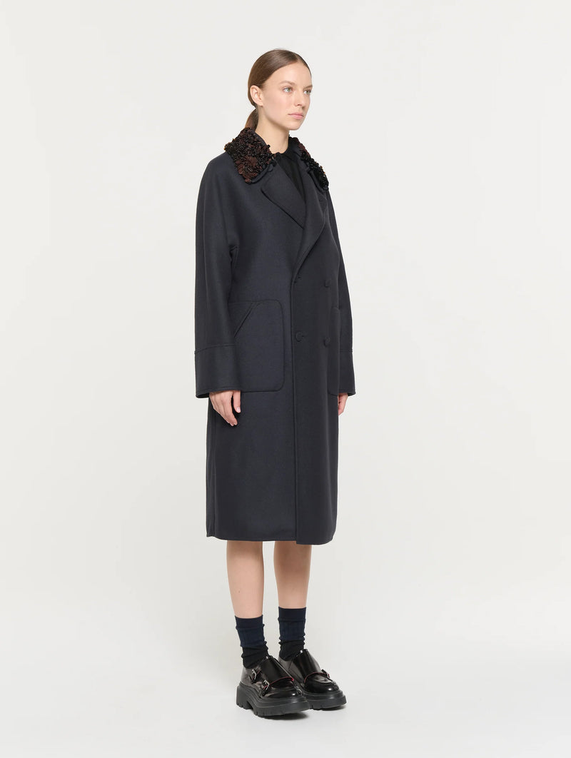 Double Breasted Wool Coat in Blue Black