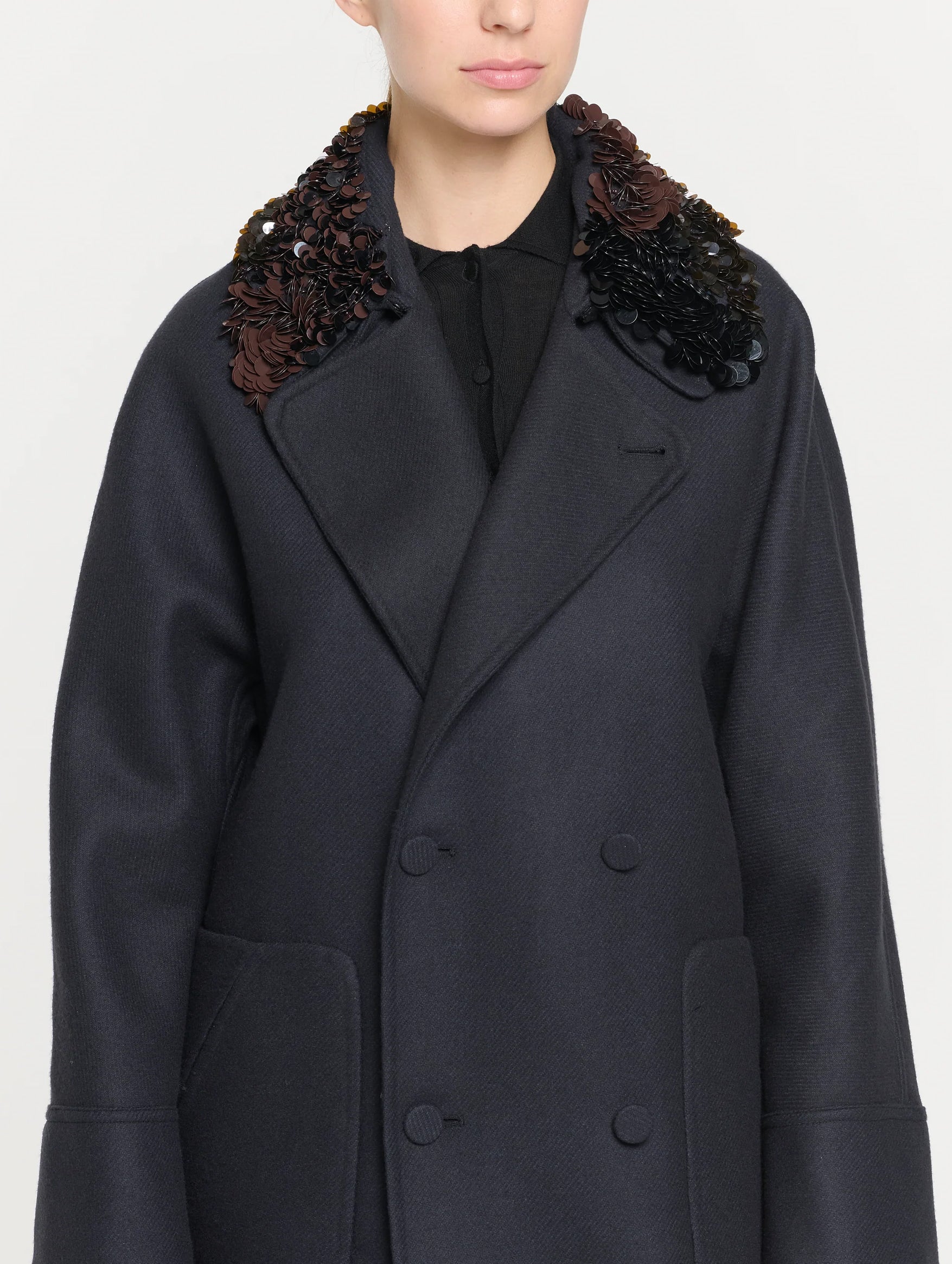 Double Breasted Wool Coat in Blue Black
