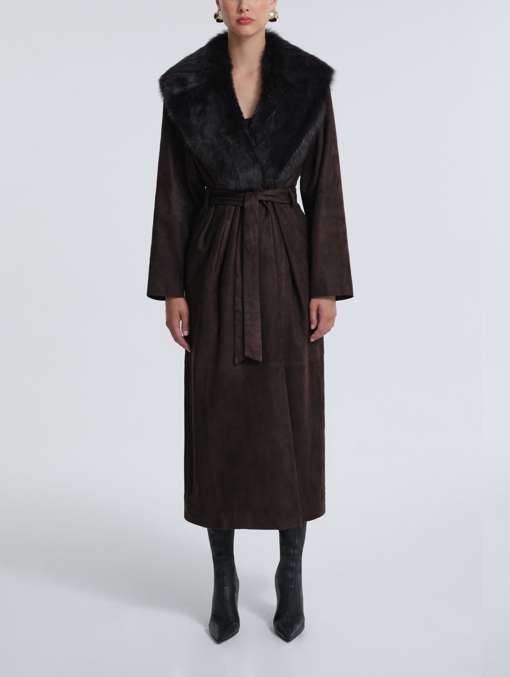 Briona Suede Coat in Black with Espresso Collar
