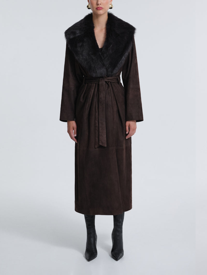 Briona Suede Coat in Black with Espresso Collar