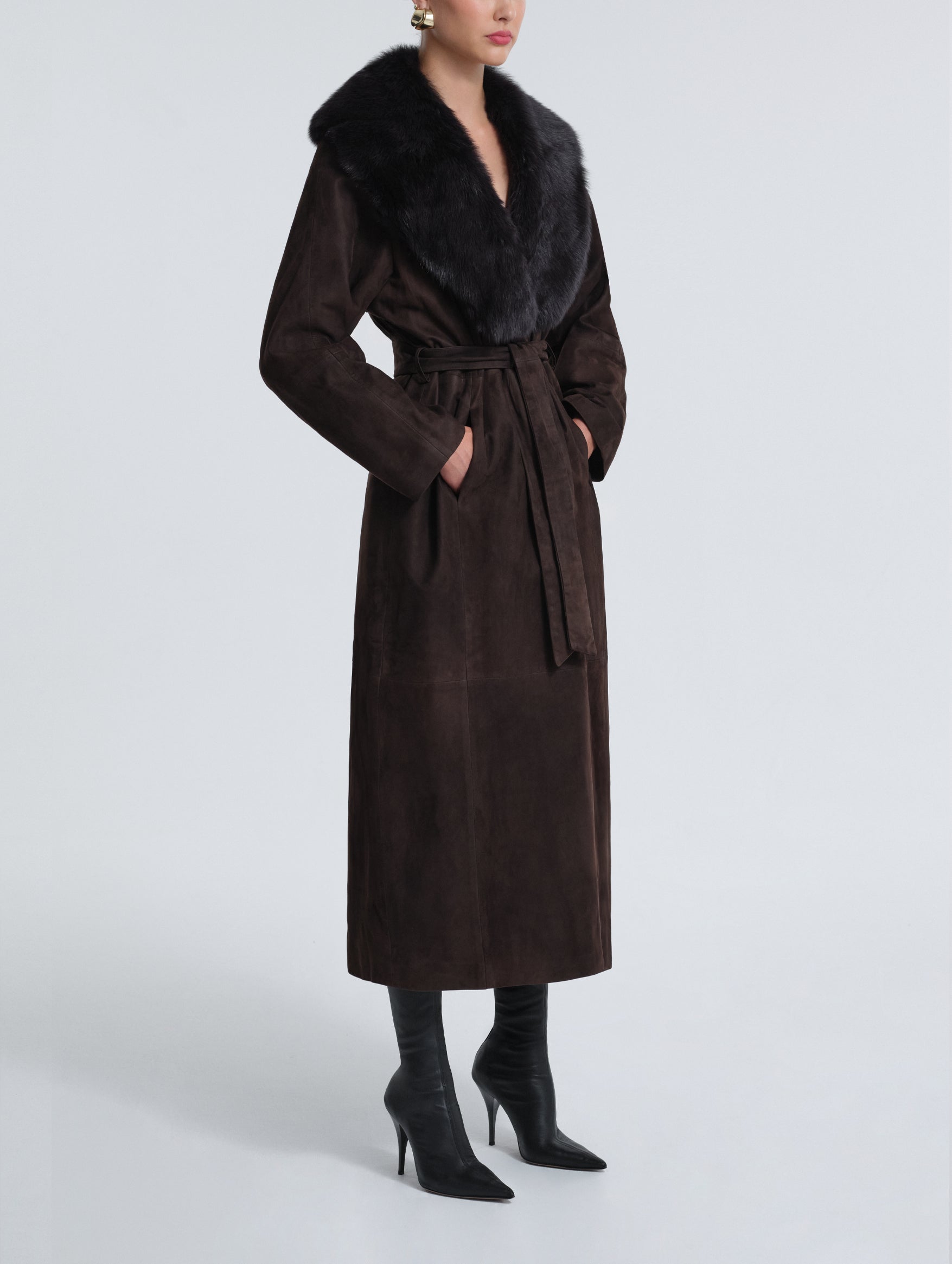 Briona Suede Coat in Black with Espresso Collar