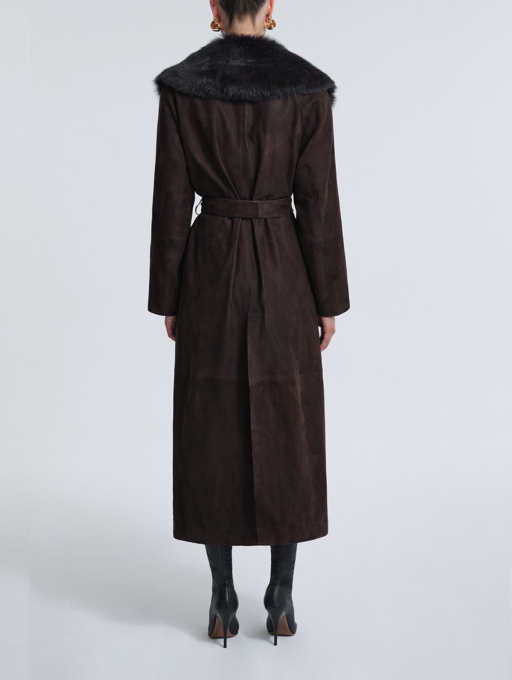 Briona Suede Coat in Black with Espresso Collar