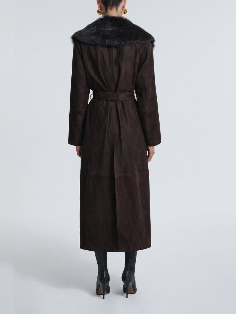Briona Suede Coat in Black with Espresso Collar