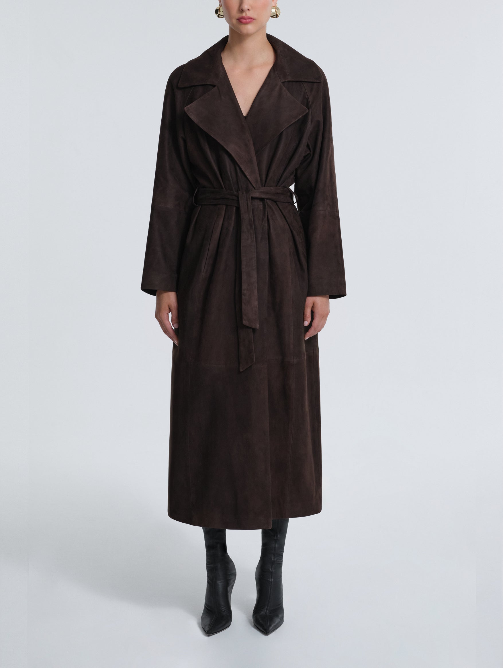 Briona Suede Coat in Black with Espresso Collar