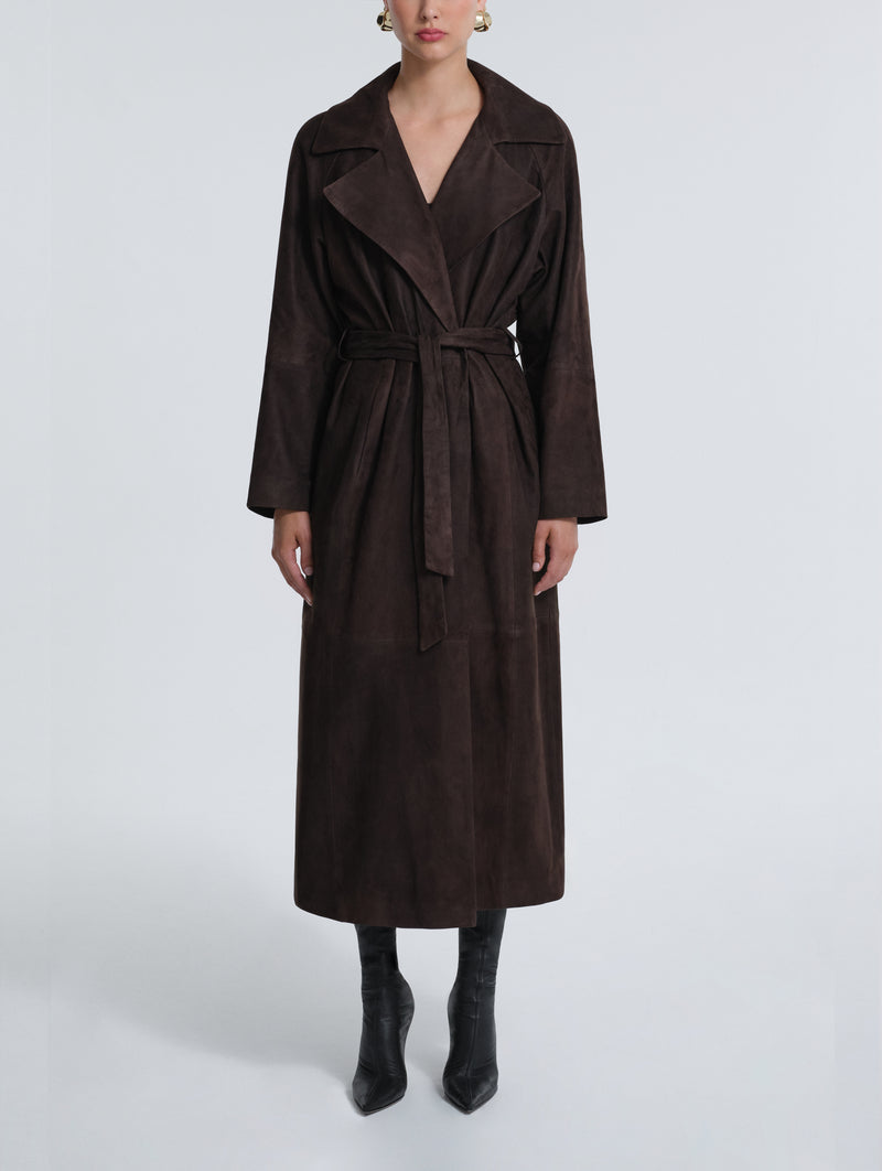 Briona Suede Coat in Black with Espresso Collar