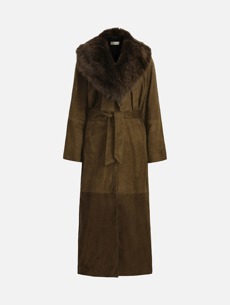 Briona Suede Coat in Deep Olive