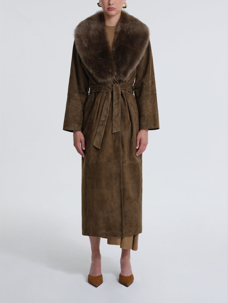 Briona Suede Coat in Deep Olive