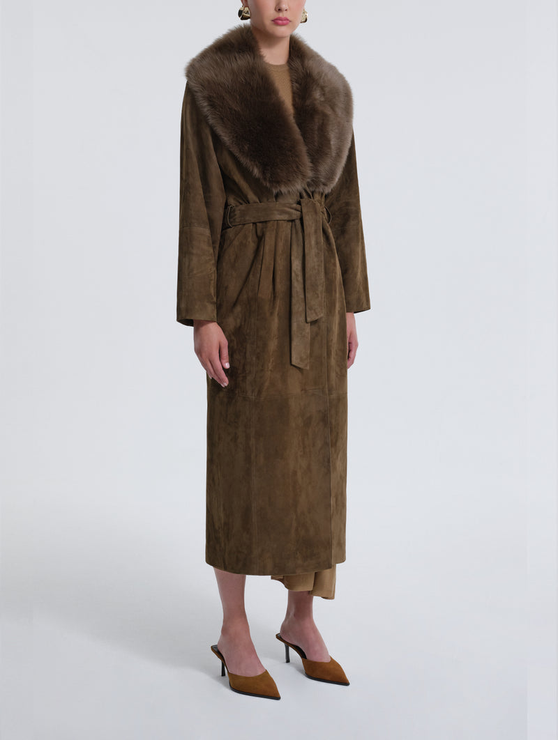 Briona Suede Coat in Deep Olive